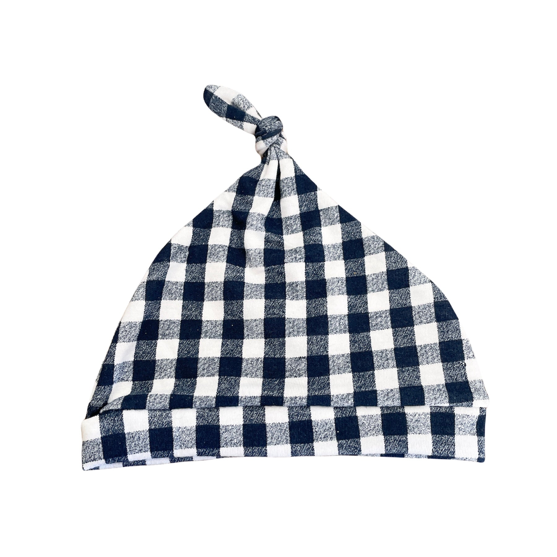 Navy check topknot beanie